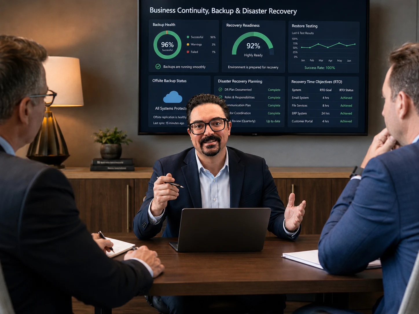 HUFF DATA SYSTEMS presenting business continuity, backup and disaster recovery planning in a business meeting