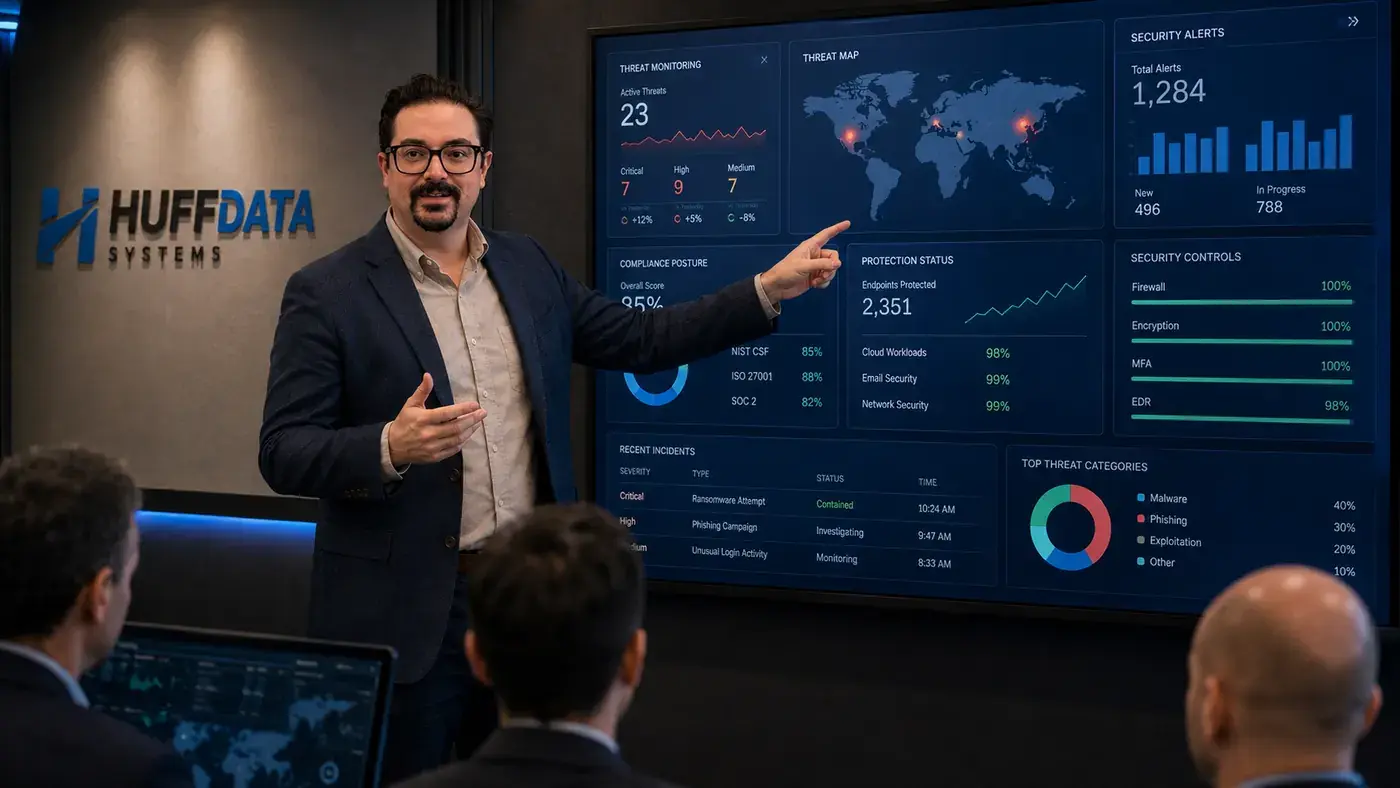 HUFF DATA SYSTEMS cybersecurity dashboard and business security presentation