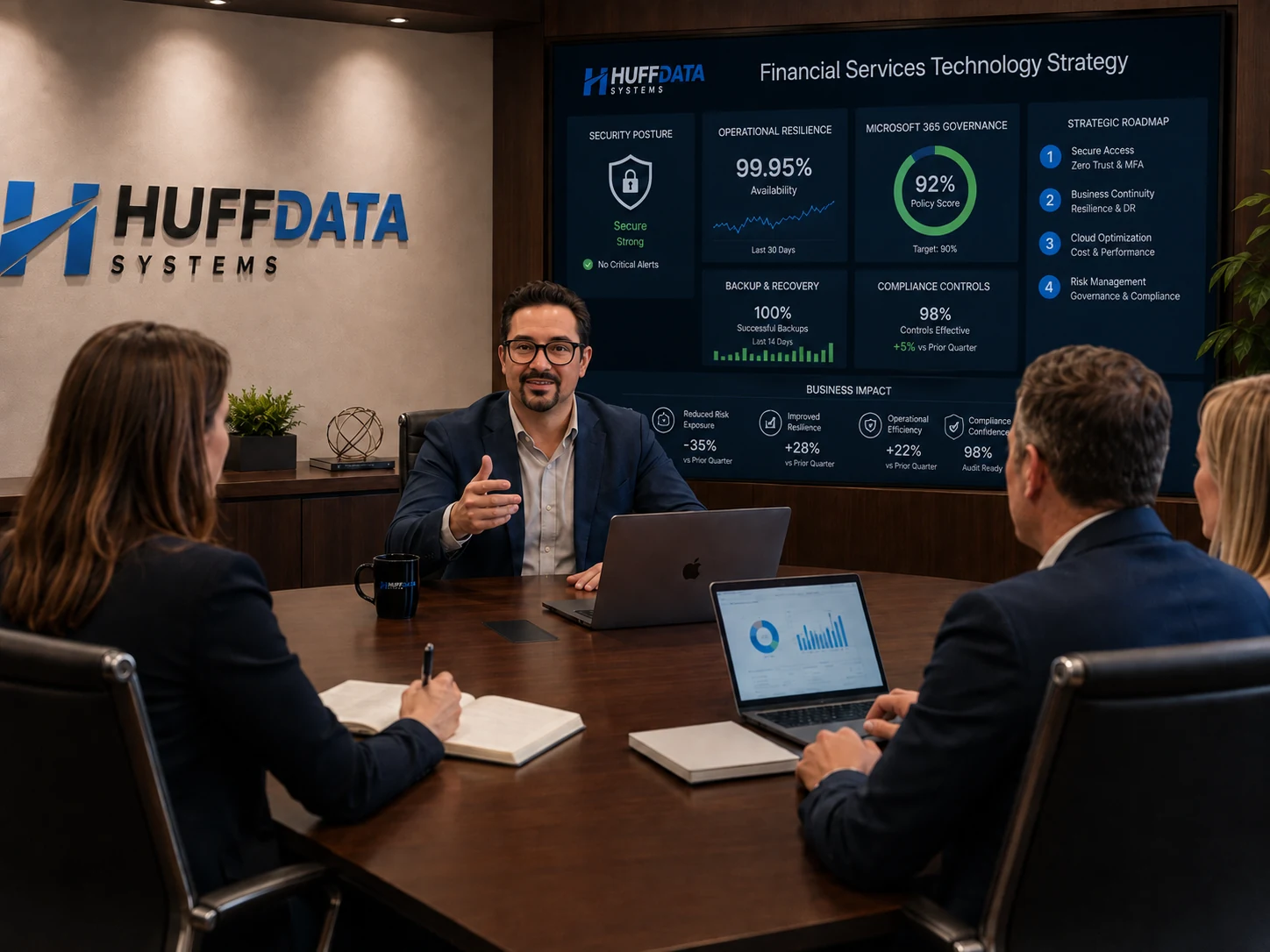 HUFF DATA SYSTEMS Financial Services Technology Strategy presentation in a business boardroom