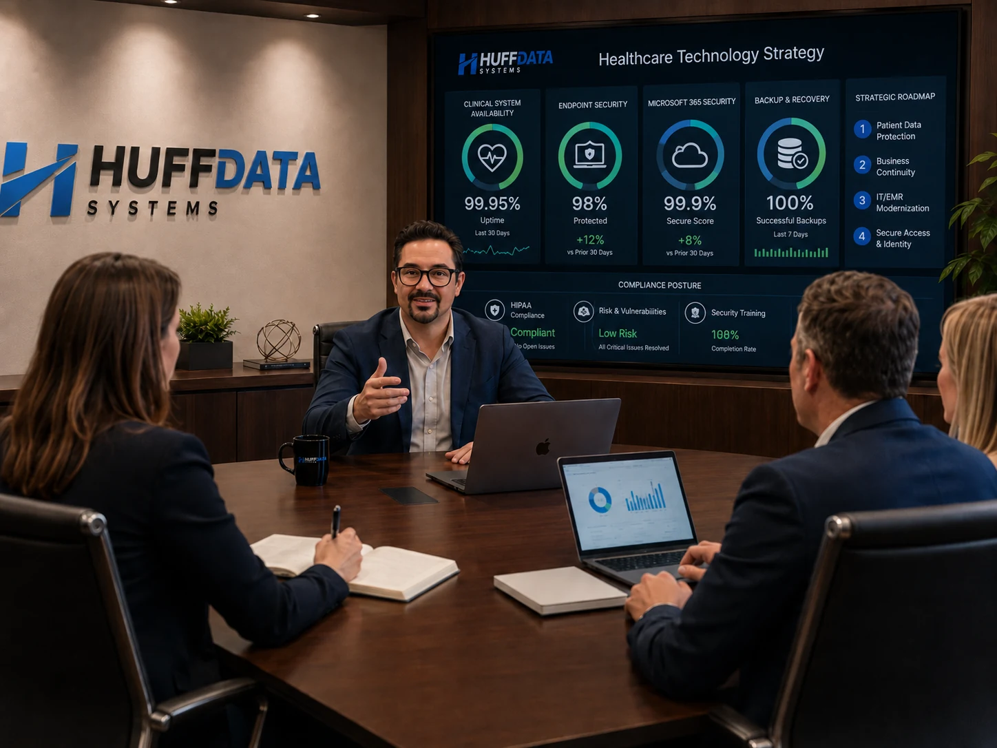 HUFF DATA SYSTEMS Healthcare Technology Strategy presentation in a business boardroom
