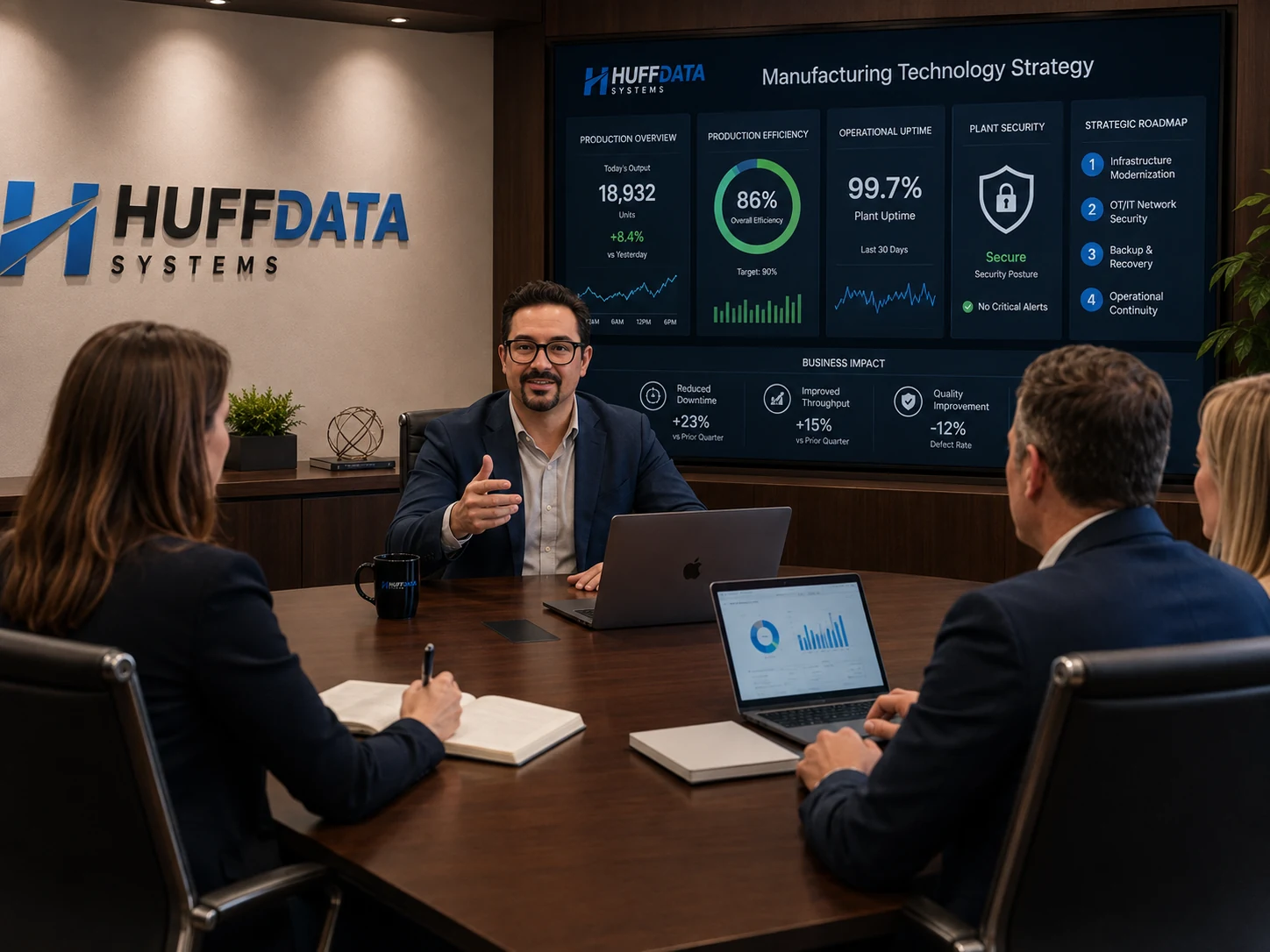 HUFF DATA SYSTEMS Manufacturing Technology Strategy presentation in a business boardroom