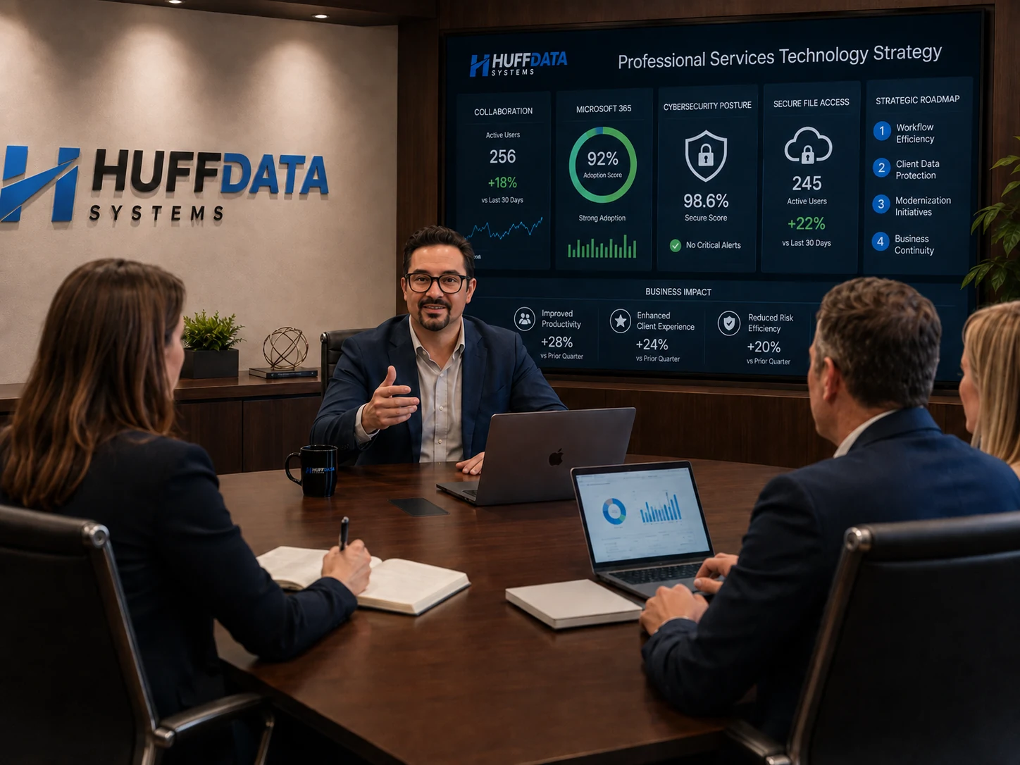 HUFF DATA SYSTEMS Professional Services Technology Strategy presentation in a business boardroom