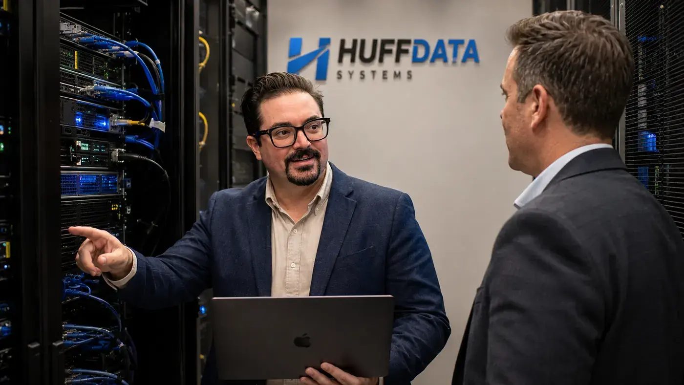 HUFF DATA SYSTEMS technician discussing business IT systems in a server room